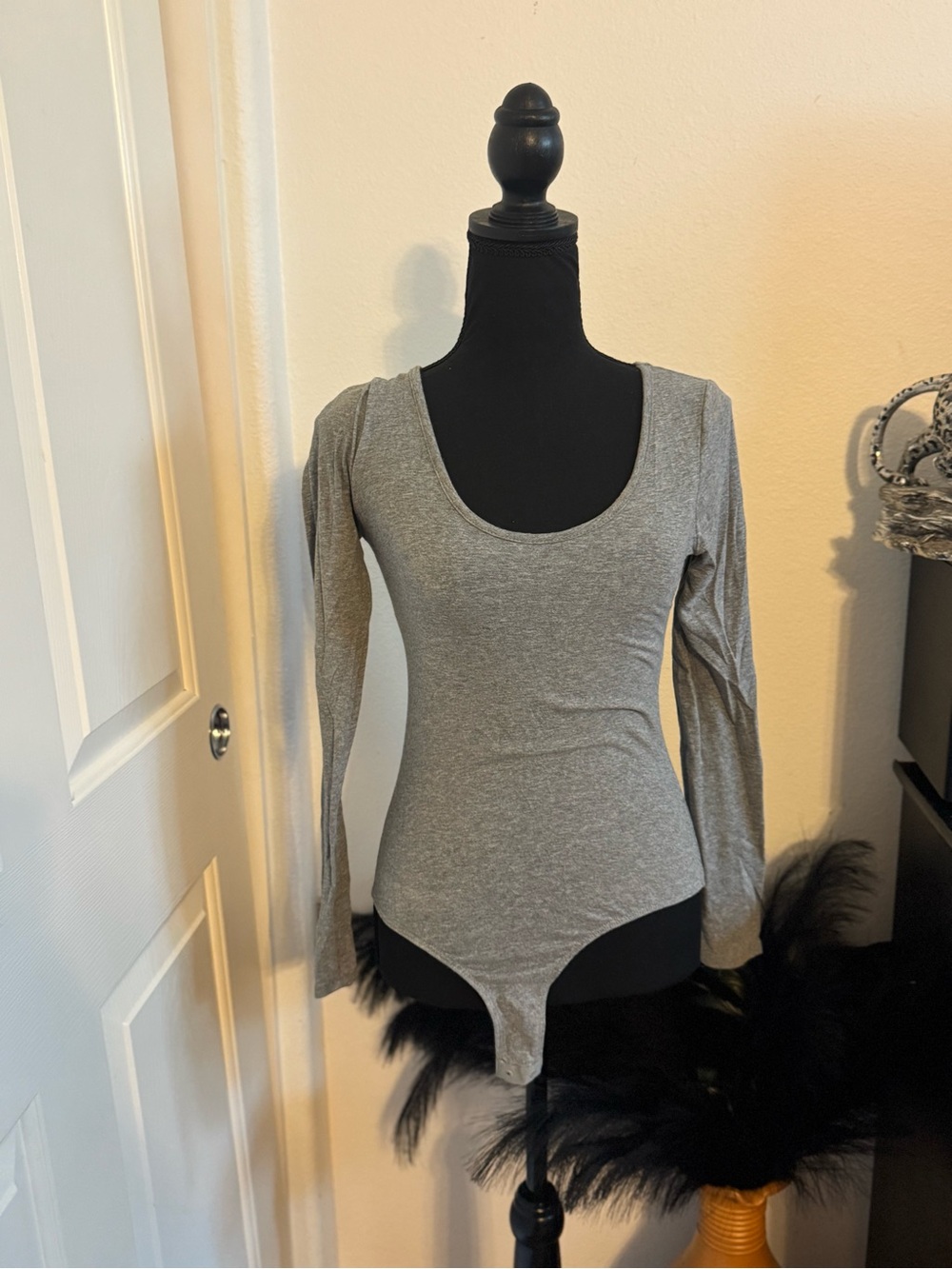 Gray Long-Sleeve Scoop Neck Bodysuit